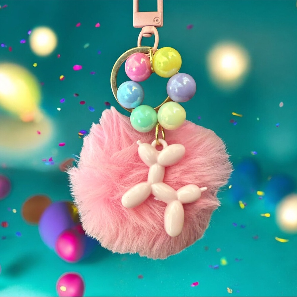 Pink Pom Pom Key Holder with Pastel Beads